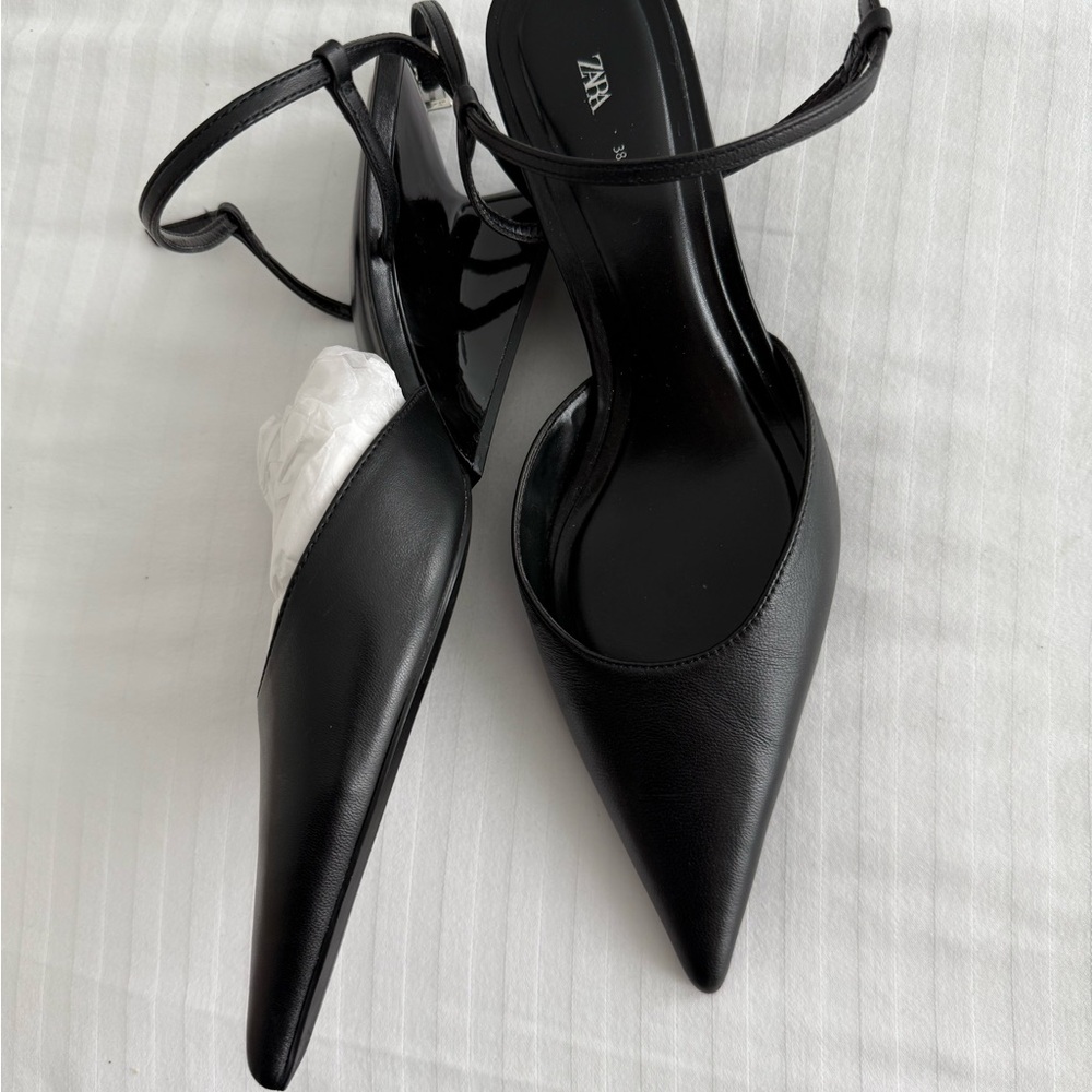 Zara Black Genuine leather pointy ankle strap- wedged heel